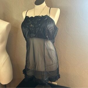 Cacique Teddy Nightie Black Lingerie nightgown 22 24 black sheer sequin